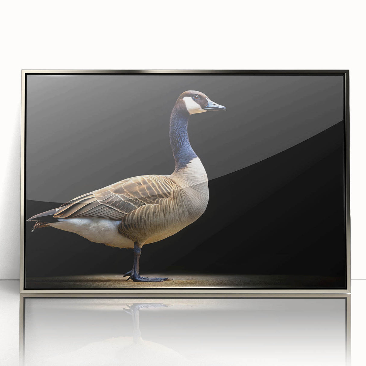 Framed wall art featuring a silver-accented goose design, showcasing elegant bird motifs in a contemporary style, perfect for modern home decor. Ideal for art enthusiasts seeking unique decor pieces.