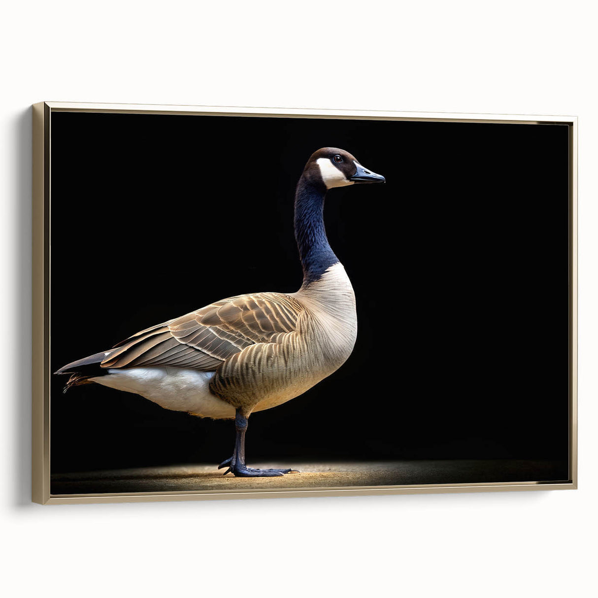 Framed wall art featuring a gold-accented goose design on a textured canvas, showcasing elegant details and a stylish side view, perfect for modern home decor.