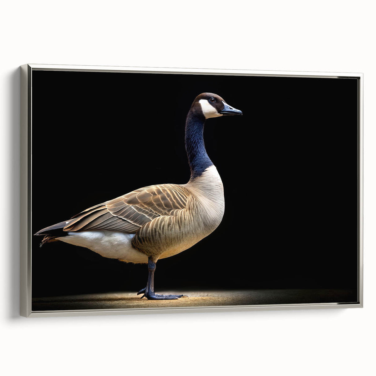 Framed canvas wall art featuring a contemporary goose design, showcasing intricate details and a silver frame, perfect for modern home decor.