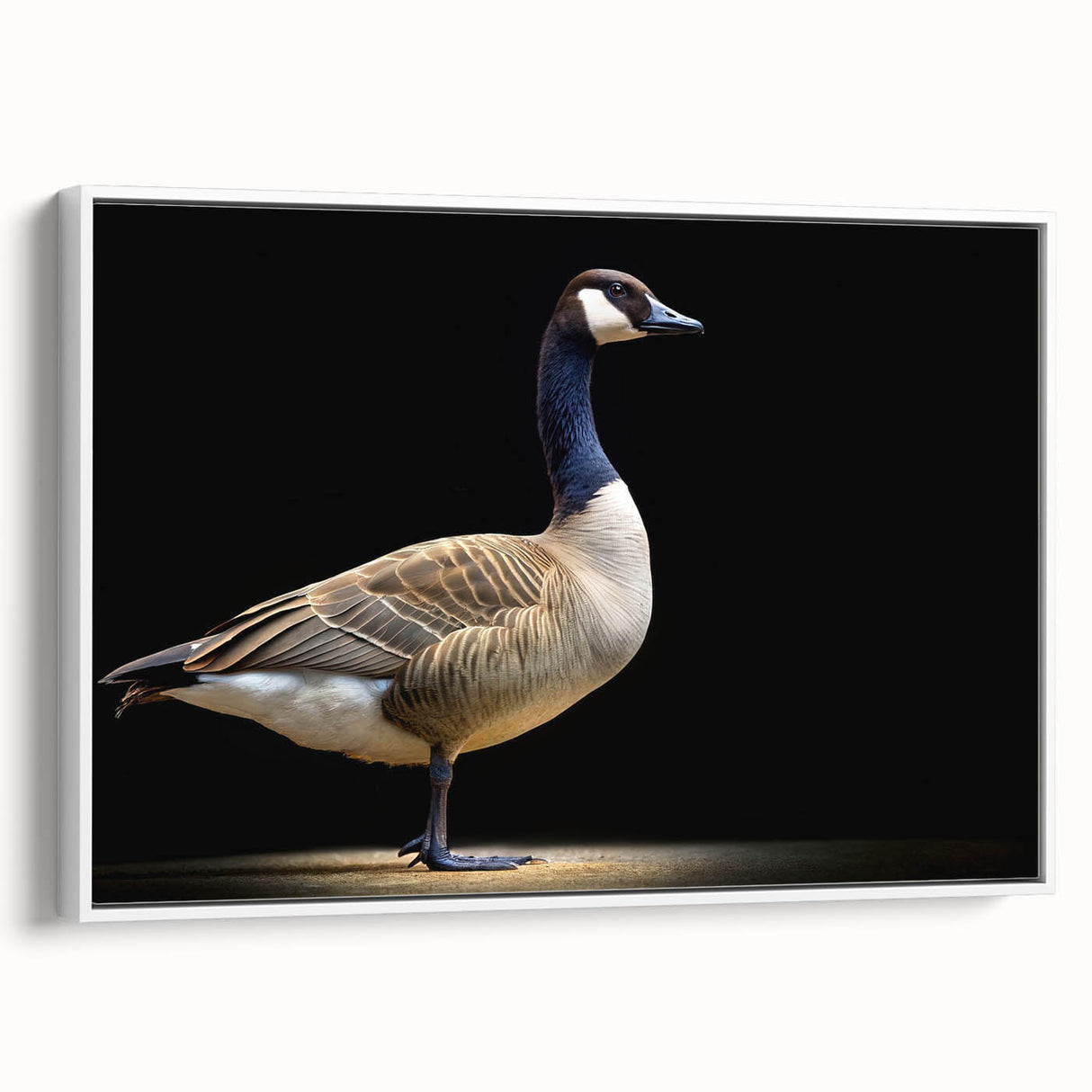 Framed wall art showcasing a minimalist goose design on a white canvas, ideal for modern home decor. The side view highlights the sleek frame and artistic details, perfect for nature lovers and contemporary interiors.