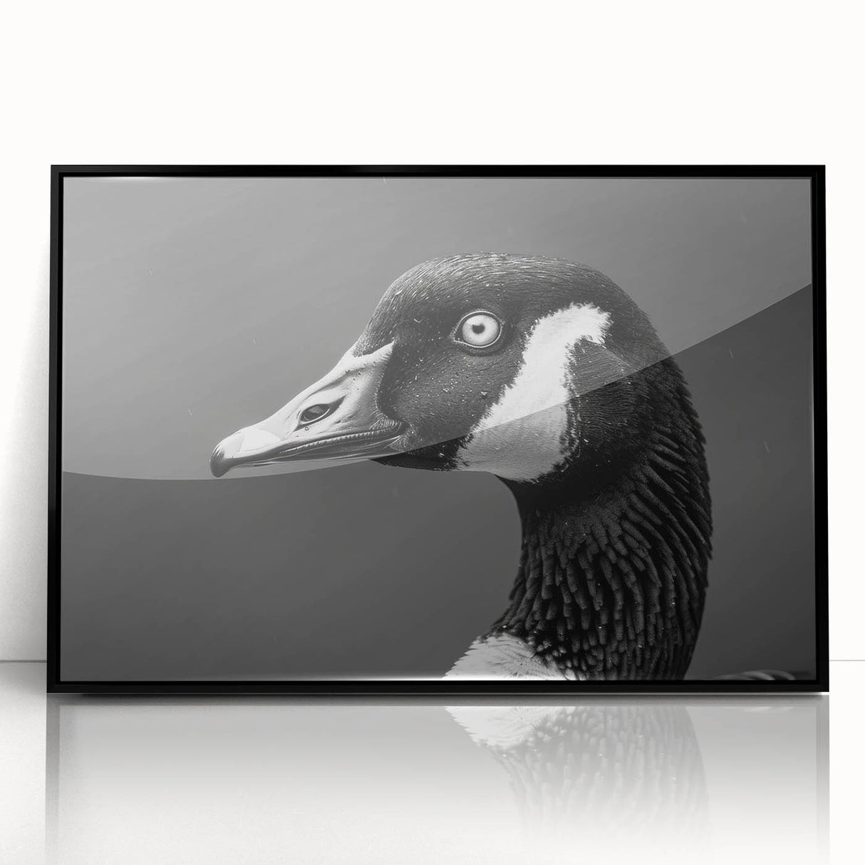 Framed wall art featuring a stylized goose design, showcased in a sleek black frame with acrylic glass, perfect for modern home decor.
