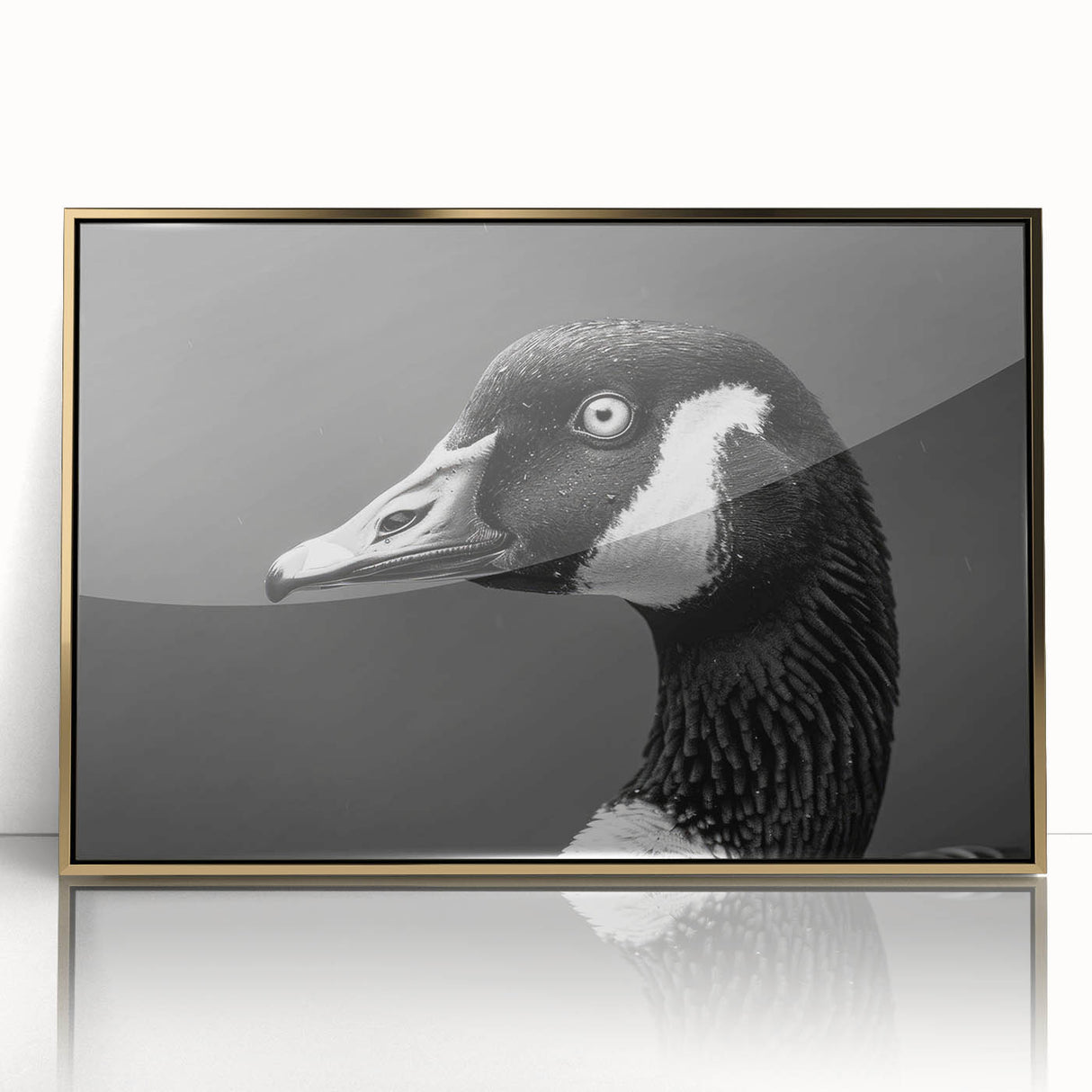 Framed wall art featuring a contemporary goose design with a gold-acrylic finish, showcasing vibrant colors and intricate details, perfect for modern home decor.
