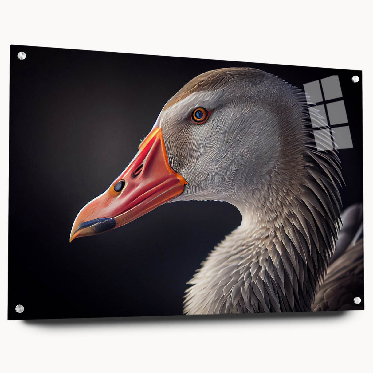 Acrylic glass wall art featuring a serene goose design, displayed from a side view with decorative pins, perfect for enhancing modern home decor aesthetics.
