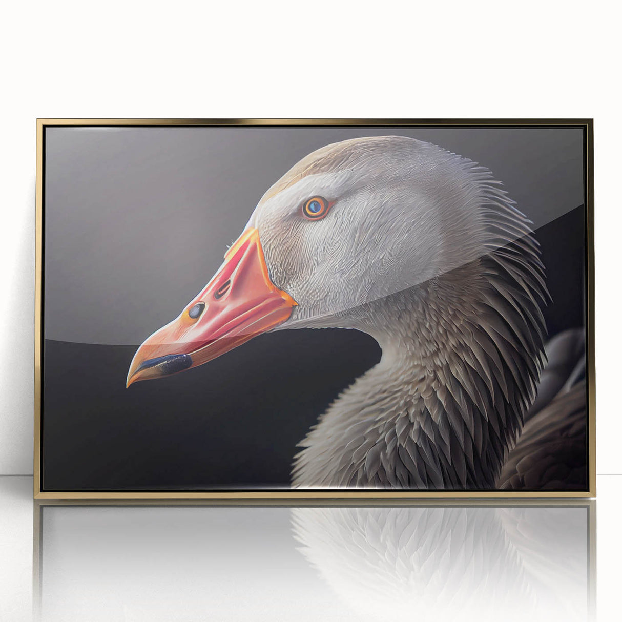 Framed wall art featuring a sleek gold-acrylic finish, showcasing an elegant design of geese in a tranquil setting, perfect for modern home decor.