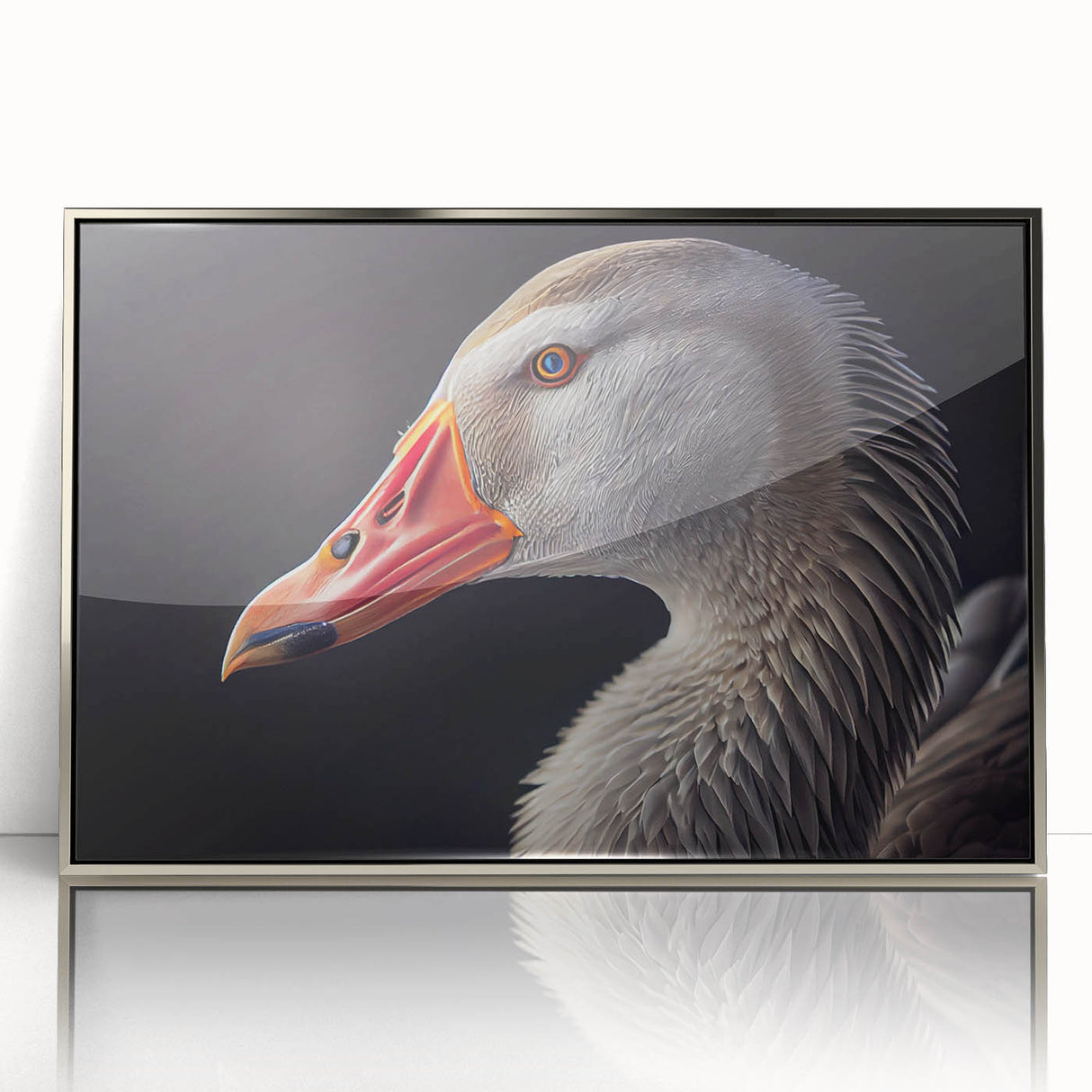 Framed wall art collection showcasing elegant goose designs in silver acrylic, perfect for modern decor. Ideal for enhancing living spaces with artistic flair.