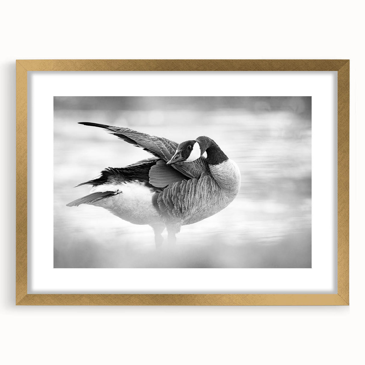 Framed wall art featuring a stylish goose design with a gold finish, elegantly matted, perfect for modern home decor. Ideal for enhancing living spaces.