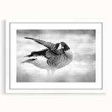 Framed wall art featuring a minimalist goose design in a white mat, ideal for modern home decor. The artwork is set against a clean background, emphasizing its elegant lines and serene aesthetic. Perfect for adding a touch of nature-inspired elegance to any room.