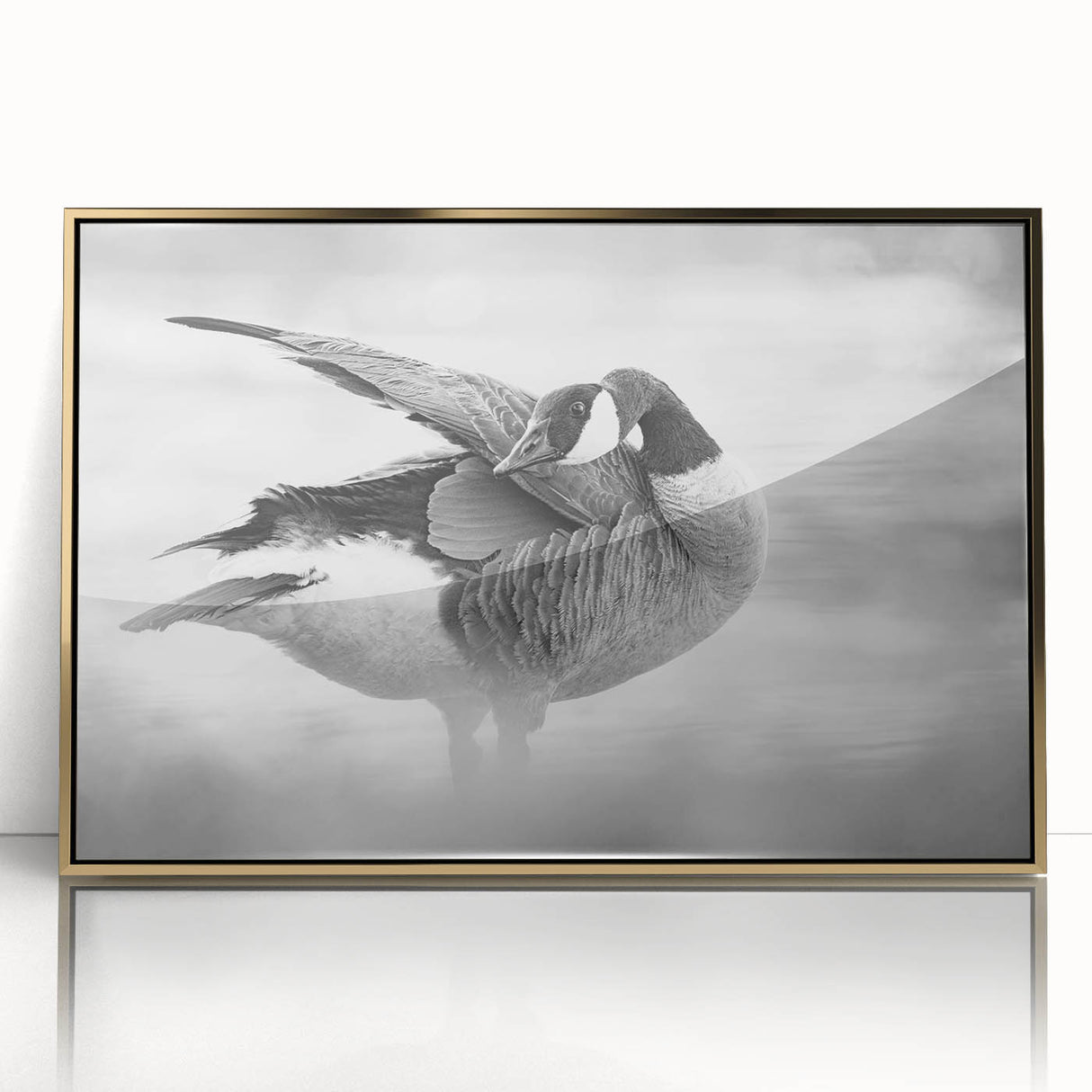 Framed wall art featuring an elegant goose design in gold-acrylic, showcasing intricate details against a neutral backdrop, perfect for modern home decor.