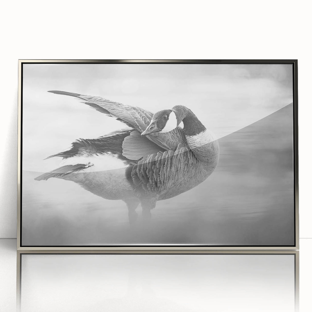 Framed wall art featuring an elegant goose design with a silver-acrylic finish, showcasing intricate details and vibrant colors, perfect for home decor.