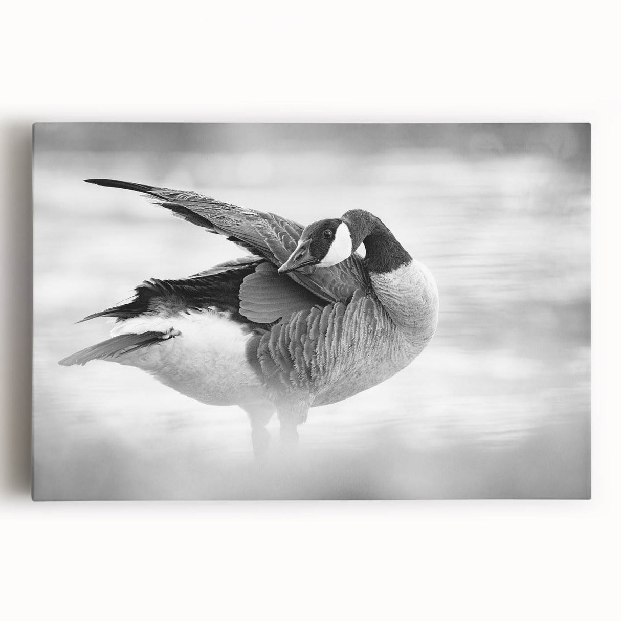 Stretched canvas wall art featuring a serene goose design in soft blues and whites, perfect for enhancing home decor with a touch of nature-inspired elegance.