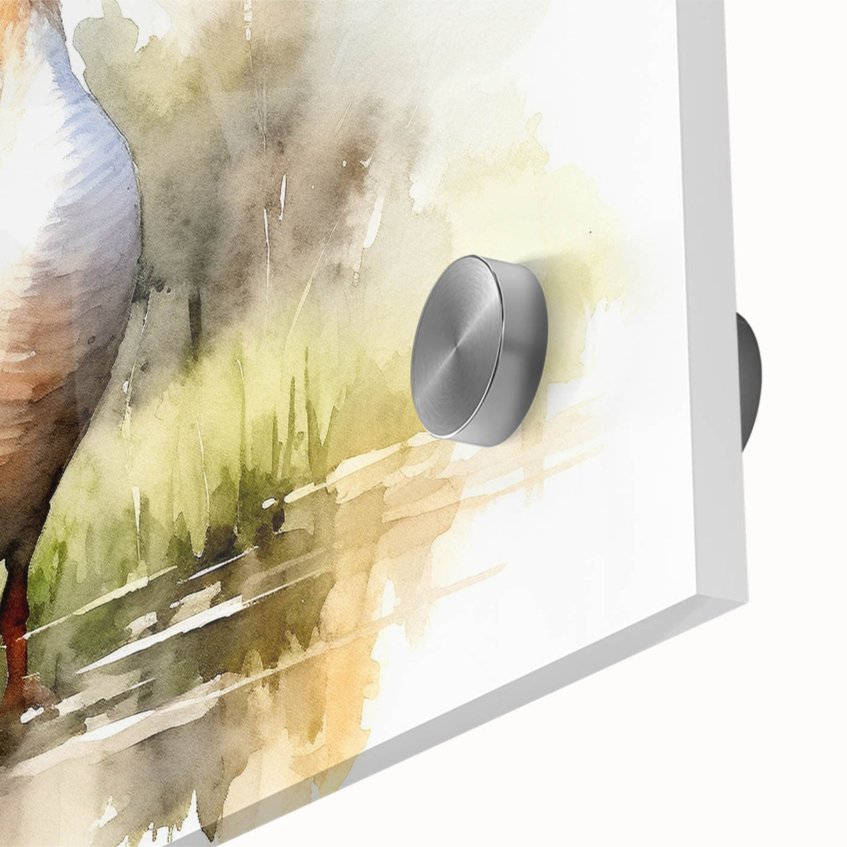 Close-up of an elegant wall art piece depicting a stylized goose design, printed on high-quality acrylic glass, showcasing vibrant colors and intricate details perfect for home decor.