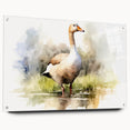 Acrylic glass wall art piece showcasing an elegant goose design, displayed from the side view with decorative pins. Ideal for modern home decor enthusiasts.