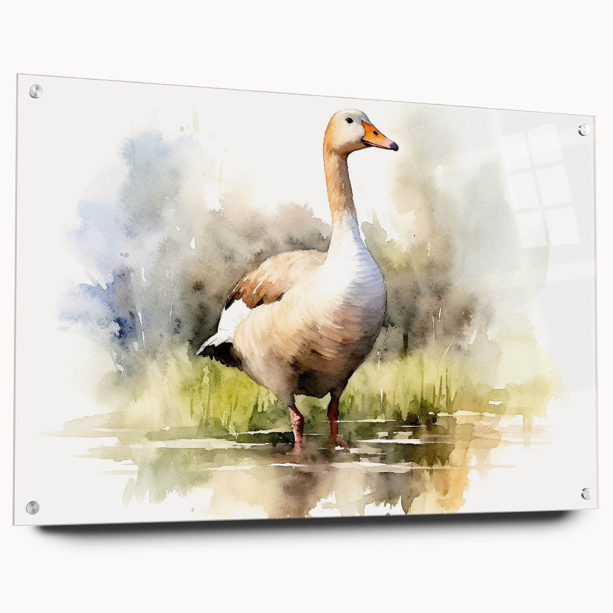 Acrylic glass wall art piece showcasing an elegant goose design, displayed from the side view with decorative pins. Ideal for modern home decor enthusiasts.