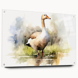 Acrylic glass wall art piece showcasing an elegant goose design, displayed from the side view with decorative pins. Ideal for modern home decor enthusiasts.