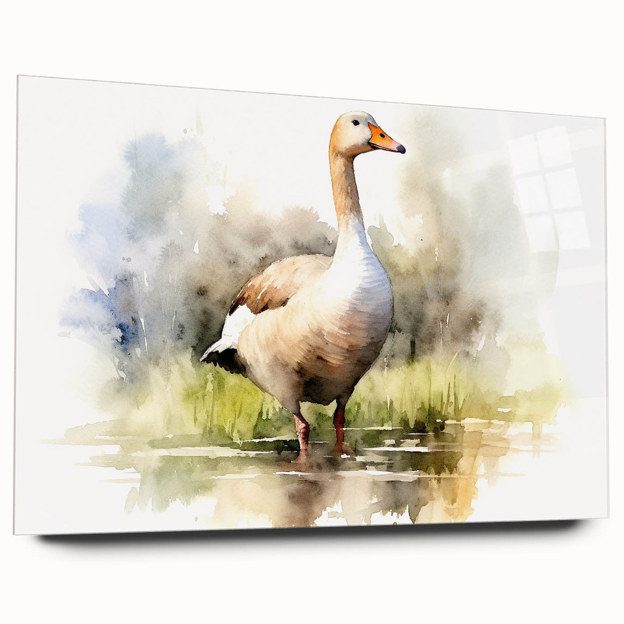 Side view of a modern acrylic glass wall art piece featuring a vibrant goose design, showcasing colorful birds and a sleek finish, ideal for home decor.