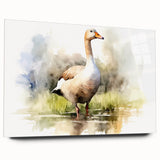 Side view of a modern acrylic glass wall art piece featuring a vibrant goose design, showcasing colorful birds and a sleek finish, ideal for home decor.