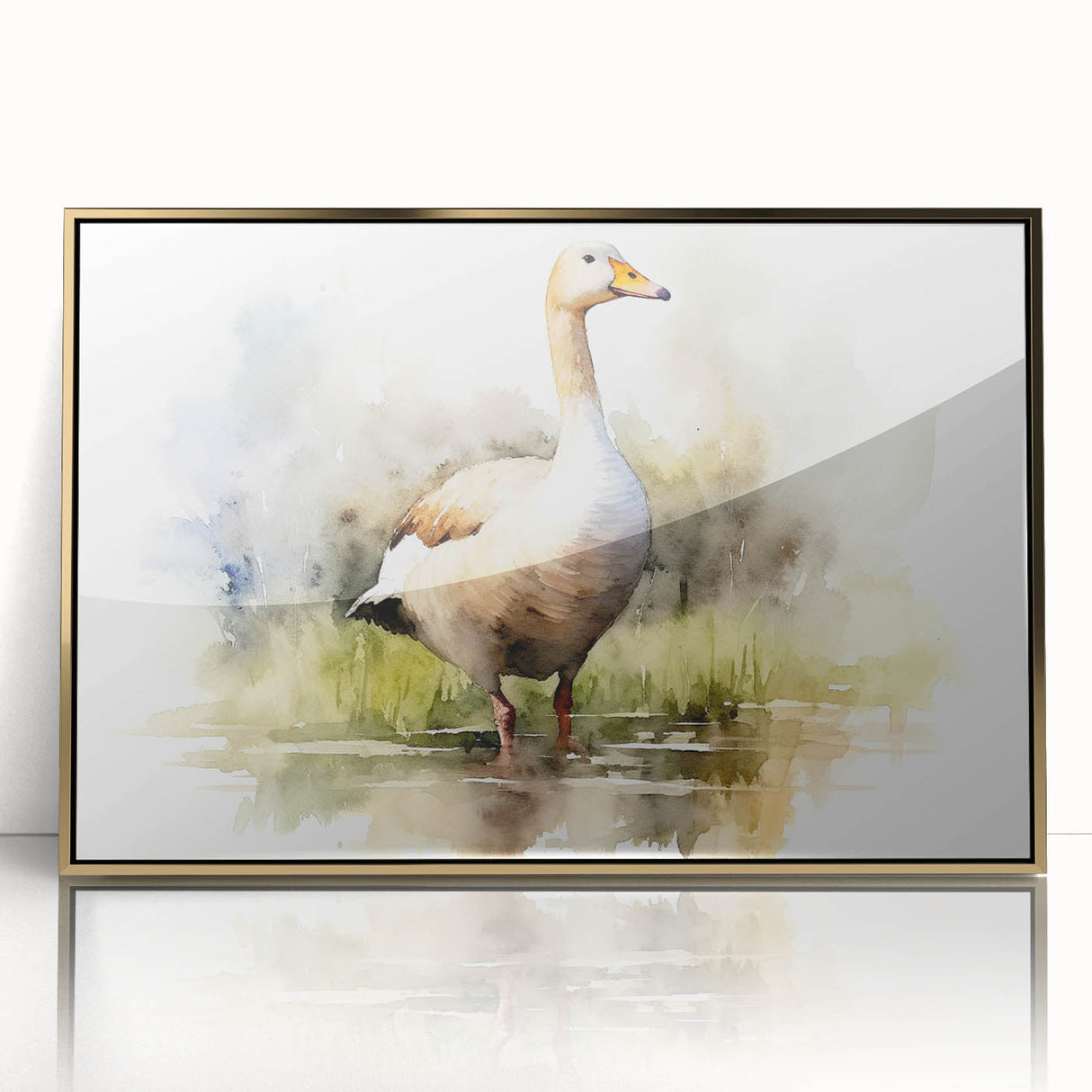 Framed wall art featuring a stunning goose design, with a sleek acrylic front and elegant gold frame, ideal for enhancing home decor and adding a touch of sophistication.
