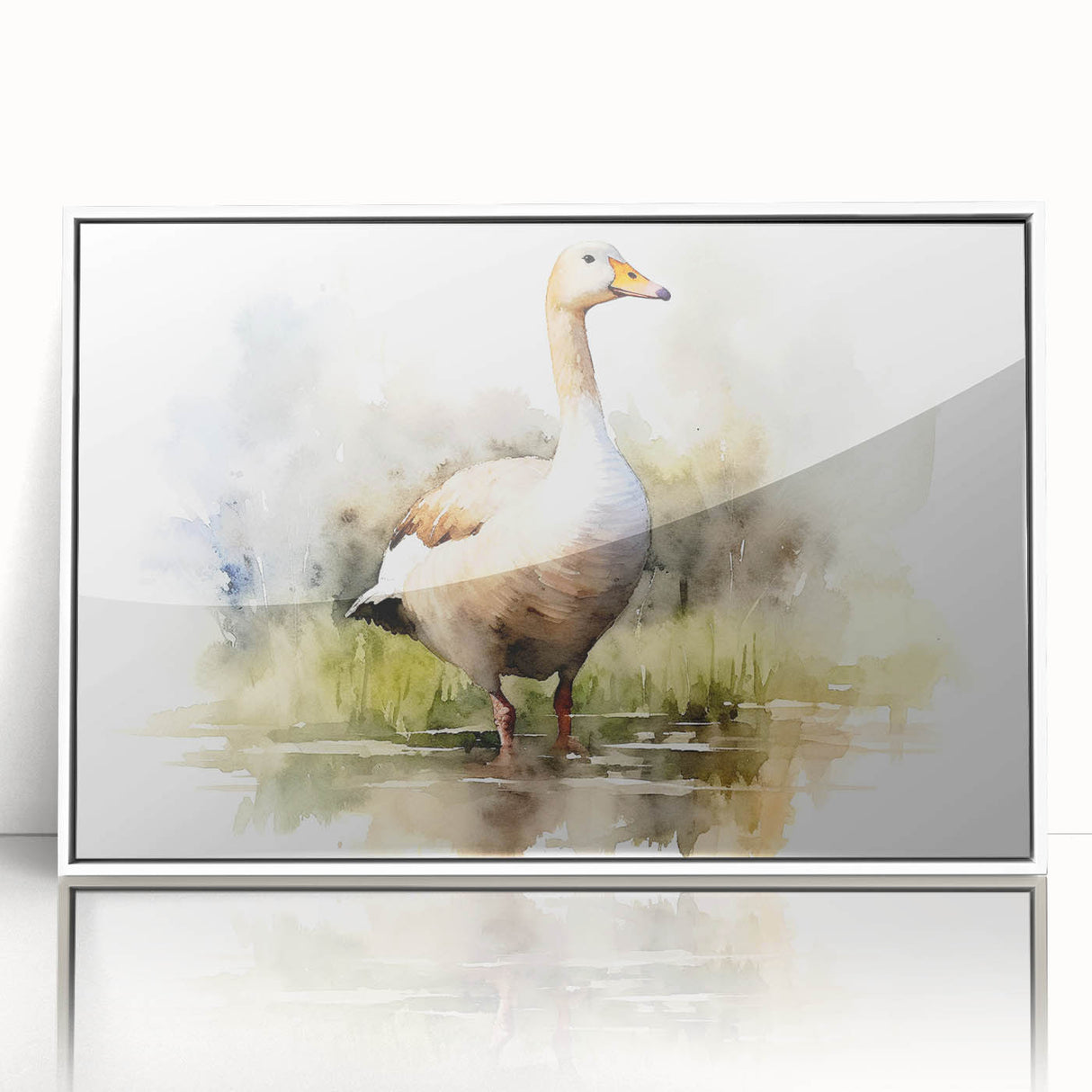 Framed wall art featuring a stylish design of geese in soft colors, displayed on a white background, ideal for modern home decor and nature-themed interiors.