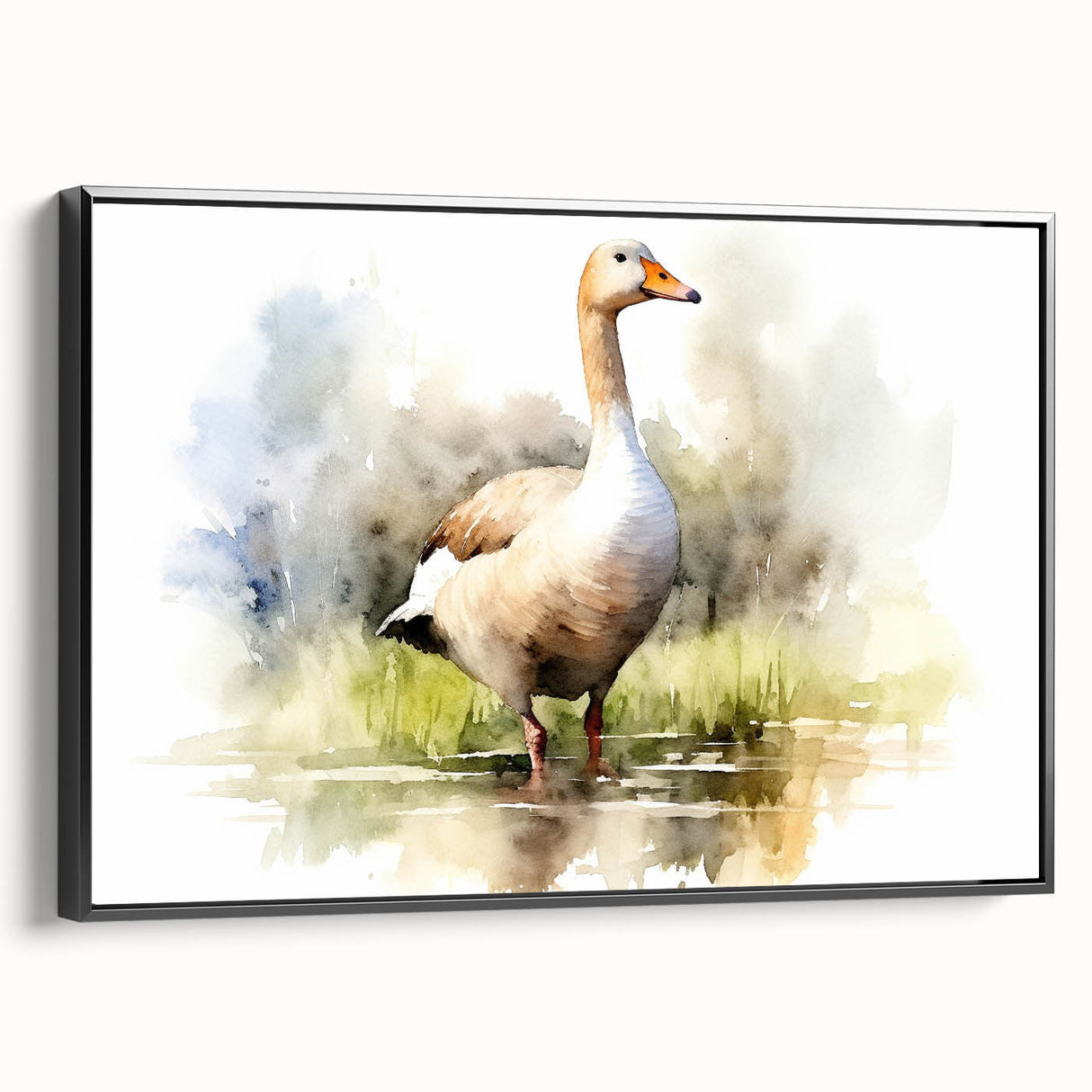 Framed wall art featuring a minimalist black and white goose design on textured canvas, showcasing an elegant side view that enhances modern décor aesthetics.