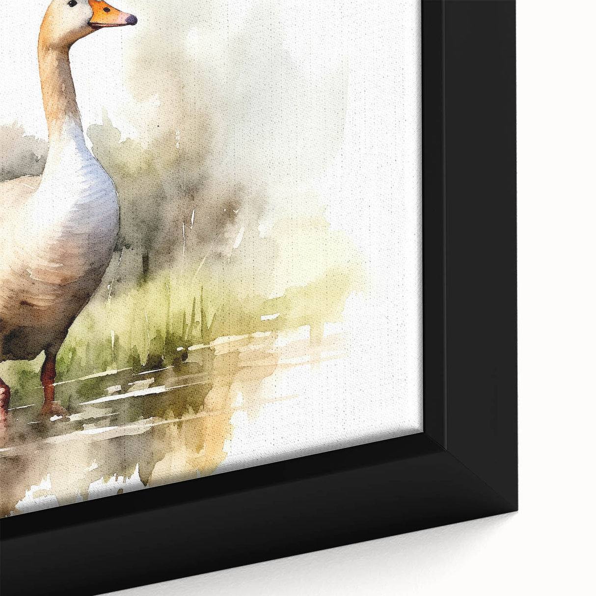 Framed canvas wall art depicting a close-up of a serene goose design, showcasing intricate details and vibrant colors, perfect for home decor enhancement.