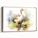 Framed wall art featuring a stylish goose design on canvas, set against a gold background, showcasing elegant details and modern aesthetics for home decor.