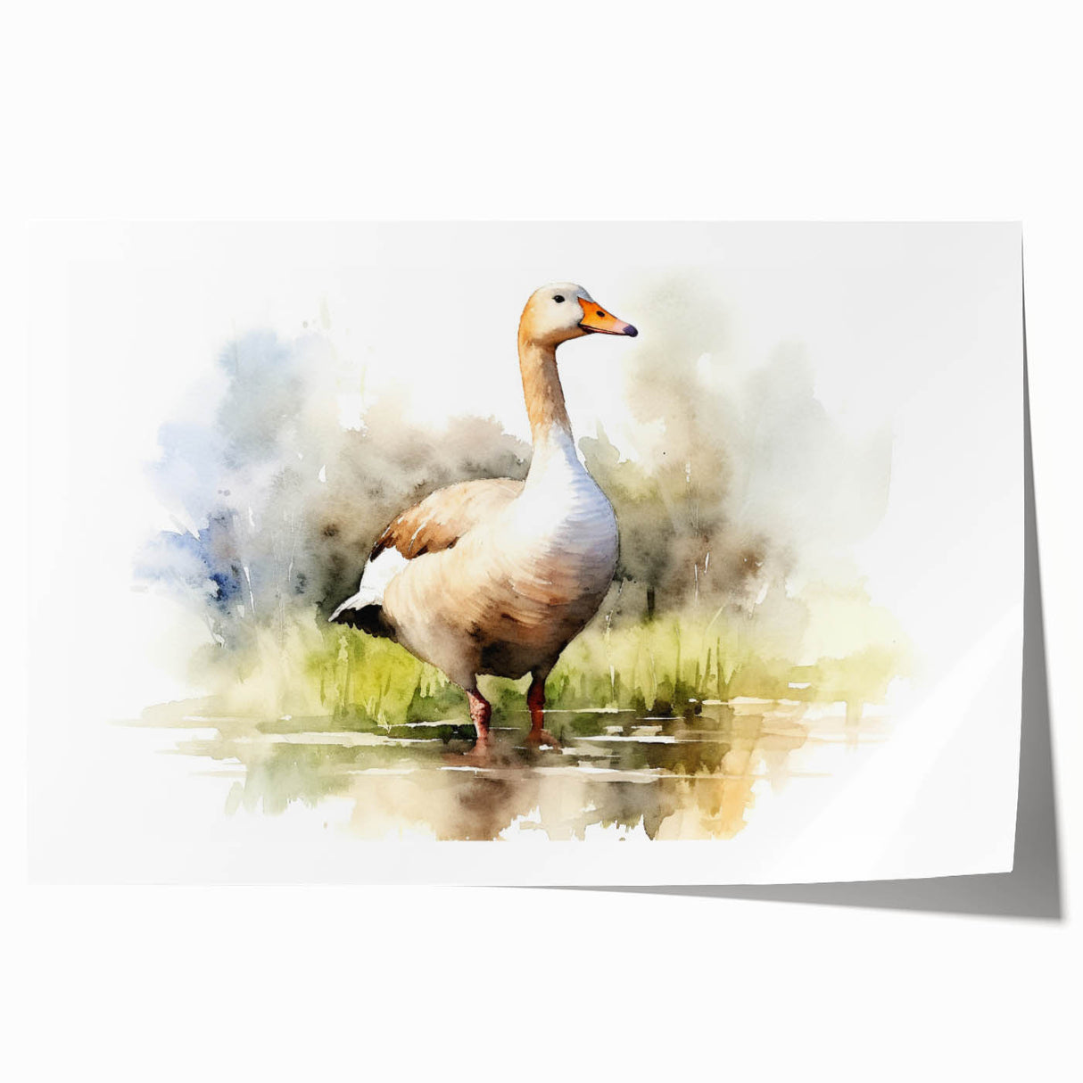 Rolled art print showcasing a detailed illustration of geese in a serene landscape, emphasizing vibrant colors and intricate designs, ideal for home decor.