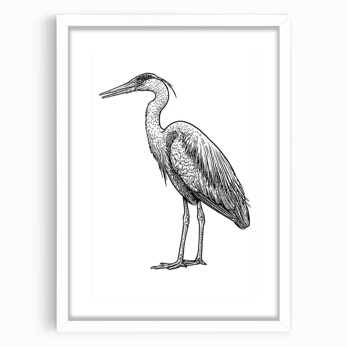 Elegant wall art featuring a heron and egret design in a white frame with a mat, perfect for enhancing home decor and showcasing nature-inspired aesthetics.