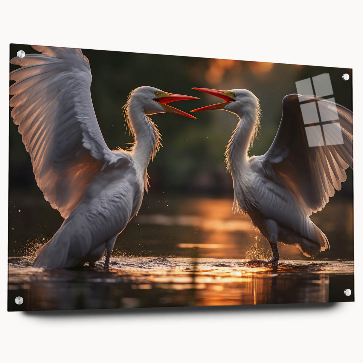 Acrylic glass wall art collection featuring elegant heron and egret designs, displayed in a side view with decorative pins, ideal for nature-inspired decor.