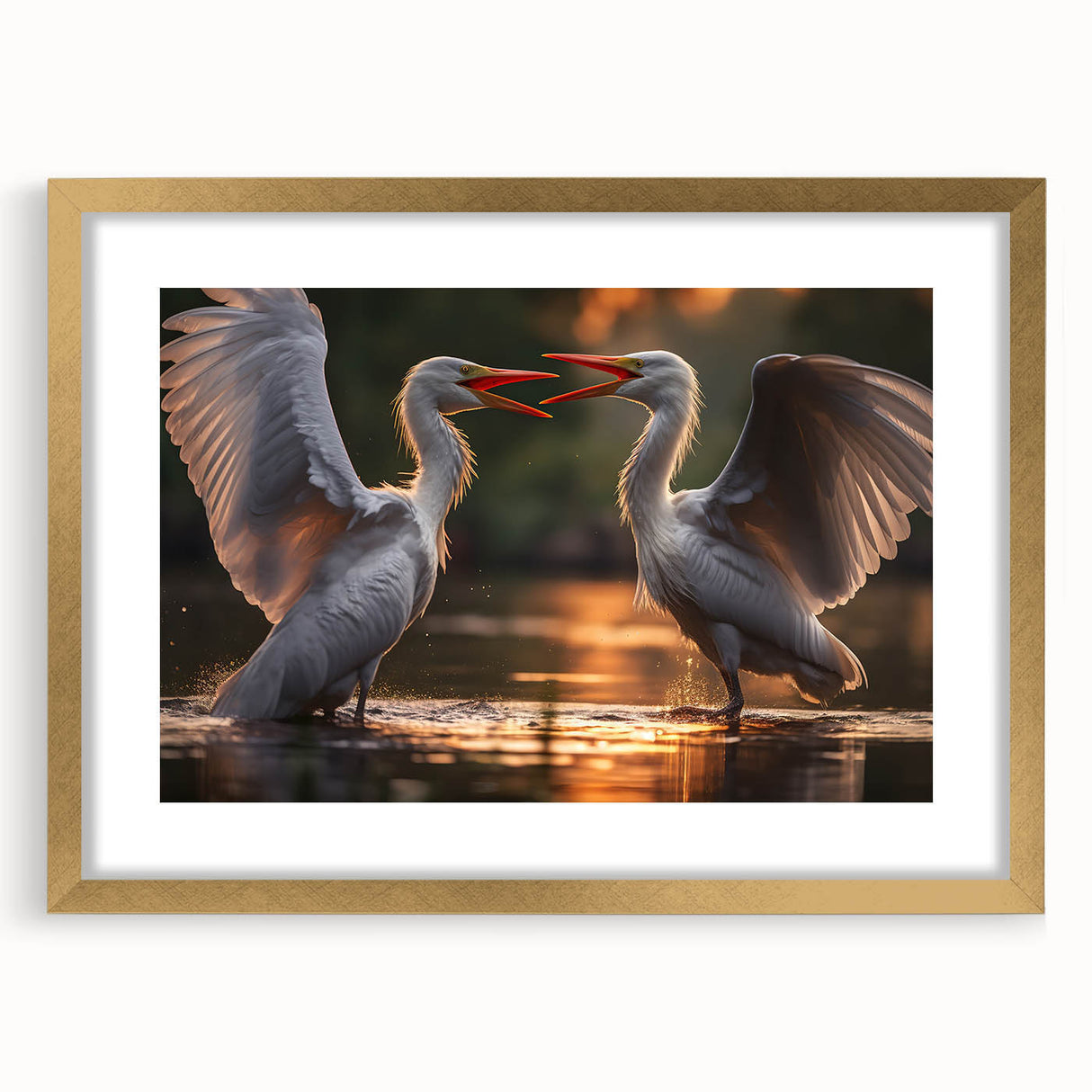 Heron and egret-themed wall art collection in a gold frame with a white mat, showcasing elegant bird designs. Perfect for enhancing home decor with nature-inspired elegance.