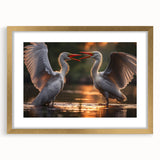 Heron and egret-themed wall art collection in a gold frame with a white mat, showcasing elegant bird designs. Perfect for enhancing home decor with nature-inspired elegance.