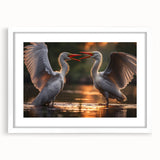Elegant wall art featuring a heron and egret design, framed with a white mat, perfect for enhancing modern home decor. Ideal for bird lovers and nature enthusiasts.