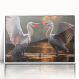 Framed wall art collection showcasing elegant heron and egret designs, featuring a white frame and acrylic front for a modern touch, perfect for nature-themed decor.
