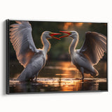 Framed wall art featuring a serene heron and egret design on a black canvas, showcasing intricate details and vibrant colors, ideal for nature lovers' home decor.