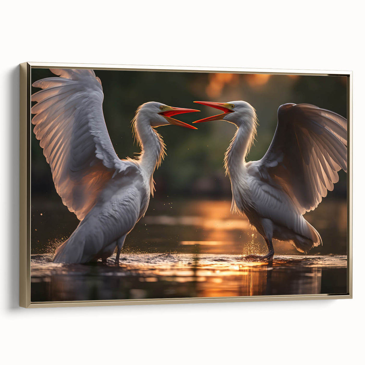 Framed canvas wall art collection showcasing elegant herons and egrets in a gold-accented design, perfect for enhancing modern home decor with nature-inspired aesthetics.