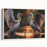 Framed canvas wall art showcasing elegant herons and egrets in a serene nature scene, featuring soft pastel colors and intricate details, perfect for home decor.