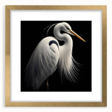 Elegant wall art featuring a heron and egret design, framed in gold with a mat, showcasing intricate details and vibrant colors, perfect for home decor.