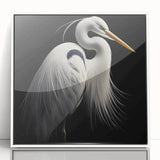 Framed wall art featuring a serene heron and egret design, displayed in a sleek white frame with an acrylic front, perfect for modern home decor.