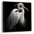Framed canvas wall art depicting a serene heron and egret scene, featuring vibrant colors and intricate details, perfect for enhancing home decor.