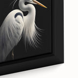 Close-up of a framed canvas featuring a heron and egret design, showcasing detailed brushwork and vibrant colors, ideal for nature-themed home decor.