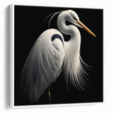 Framed wall art featuring a serene heron and egret design, showcasing delicate brush strokes and vibrant colors on a white canvas, perfect for nature-themed decor.