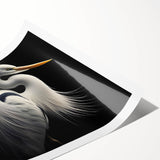 Heron and egret wall art print showcasing elegant birds in a serene natural setting, beautifully rolled for display, perfect for enhancing home decor.