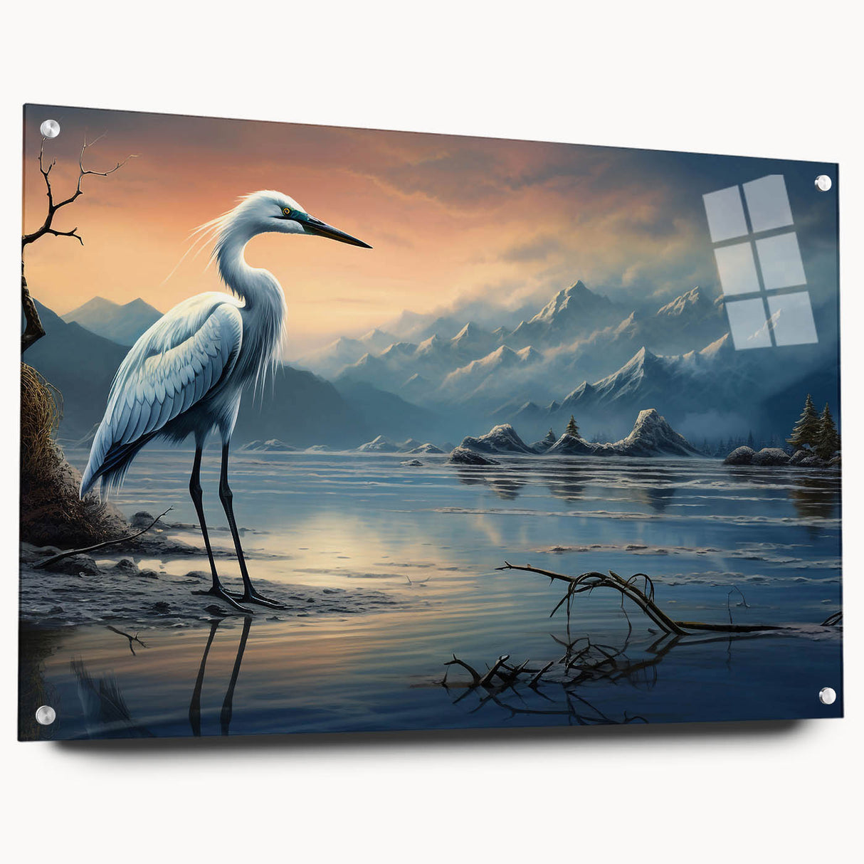 Acrylic wall art featuring a serene heron and egret design, displayed in a side view with elegant pins, ideal for enhancing modern interior decor.