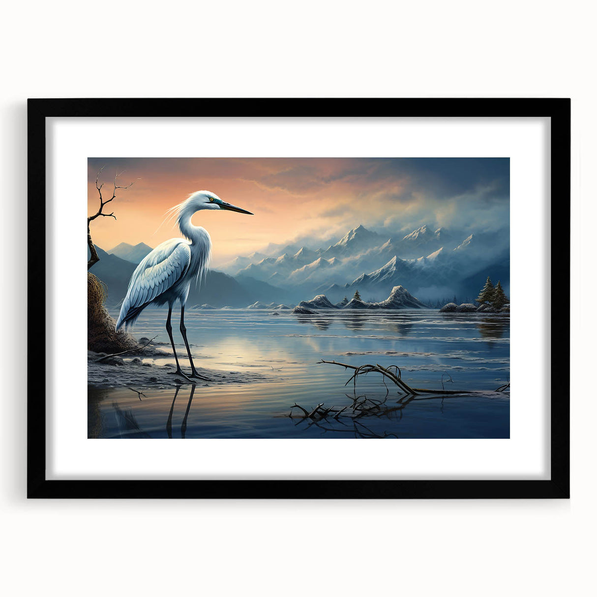 Framed wall art featuring a heron and egret design, set against a black mat, showcasing elegant bird illustrations, perfect for nature-inspired decor.