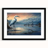 Framed wall art featuring a heron and egret design, set against a black mat, showcasing elegant bird illustrations, perfect for nature-inspired decor.
