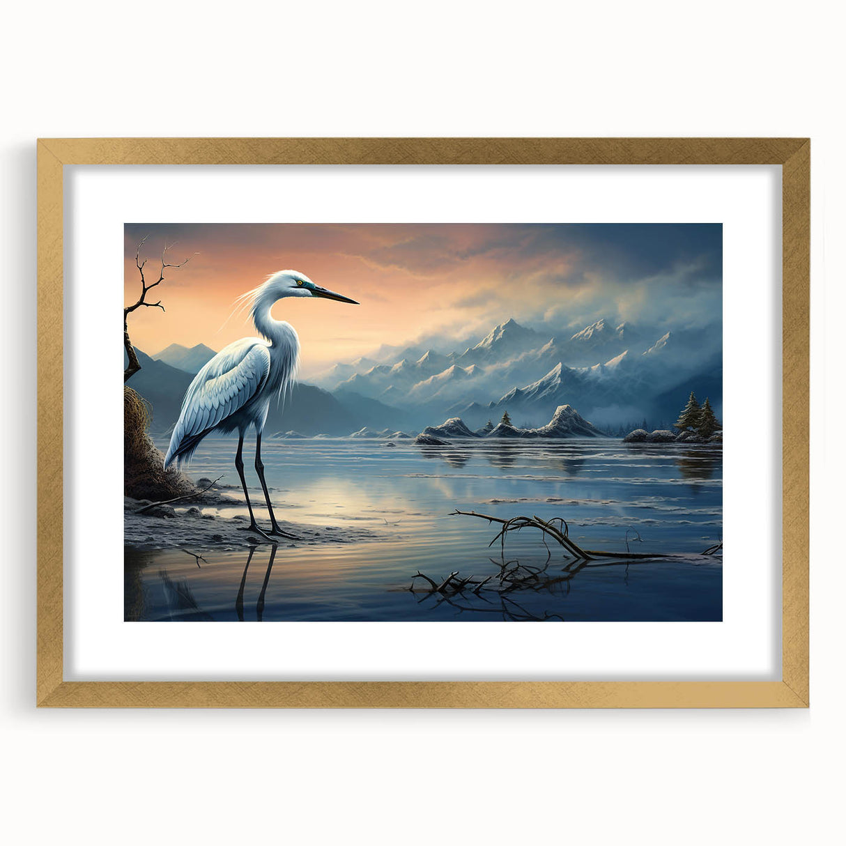 Elegant wall art featuring a heron and egret design in a gold frame, showcasing intricate details and vibrant colors, perfect for enhancing home decor.