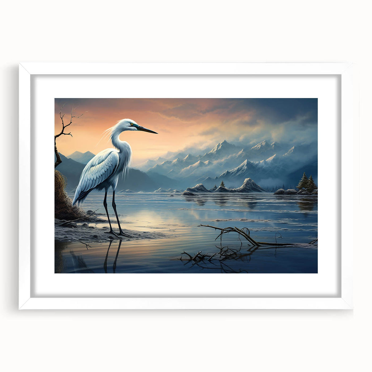 Framed wall art showcasing a heron and egret design, featuring a white mat and sleek frame, perfect for adding elegance to home decor.