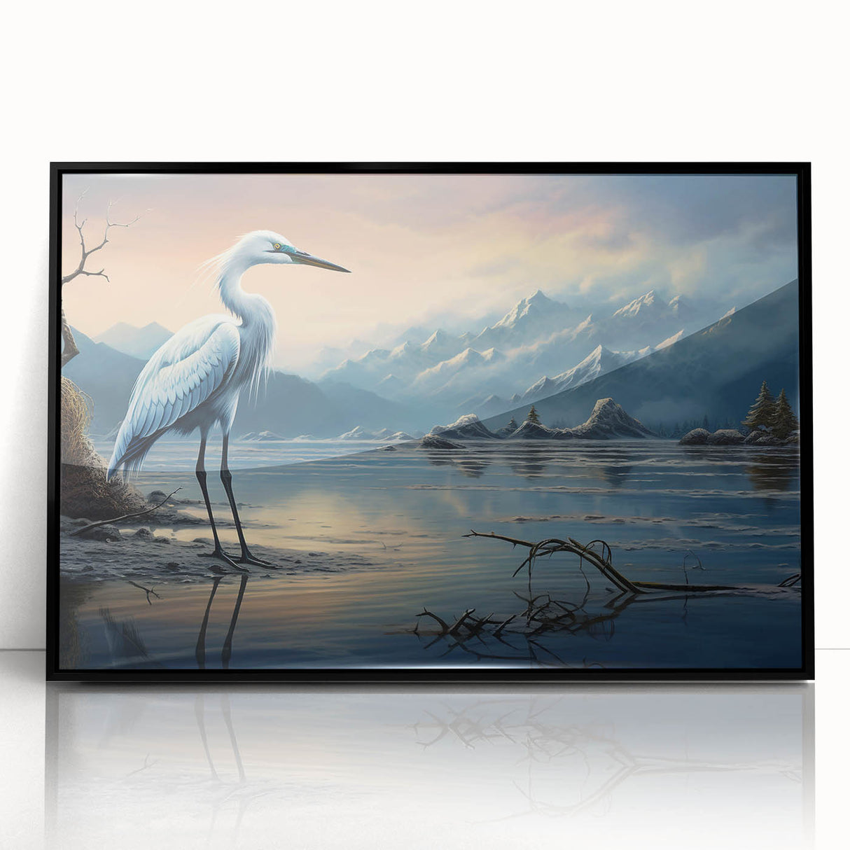 Framed wall art showcasing a serene heron and egret design in black acrylic, perfect for enhancing modern home decor with a touch of nature's elegance.