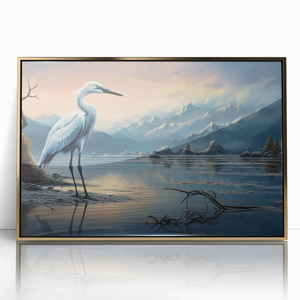 Framed wall art showcasing a heron and egret design in a gold-accented frame, highlighting intricate details and vibrant colors, ideal for modern decor.