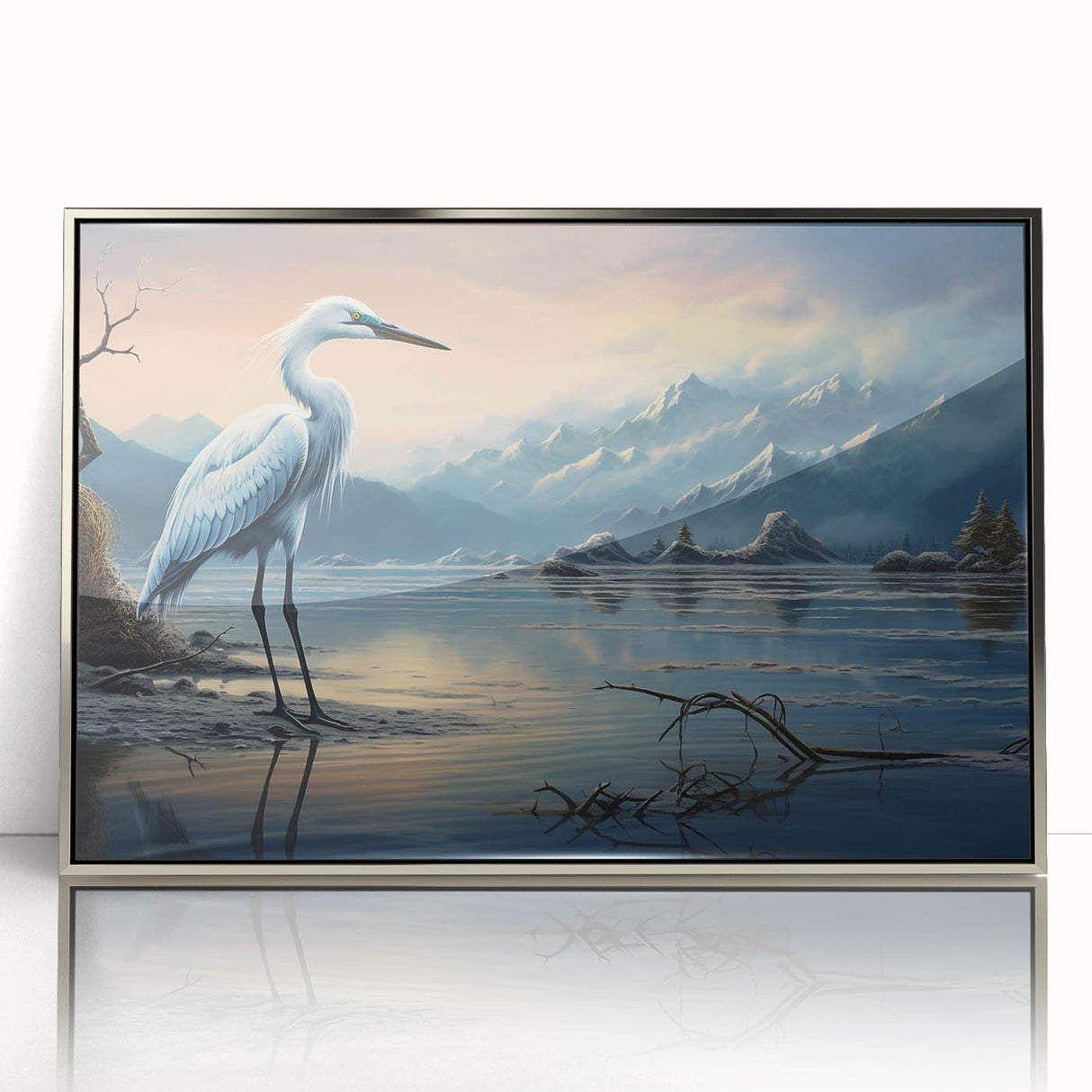 Framed wall art featuring a serene design of herons and egrets in soft pastel colors, elegantly displayed with a silver frame, perfect for enhancing home decor.