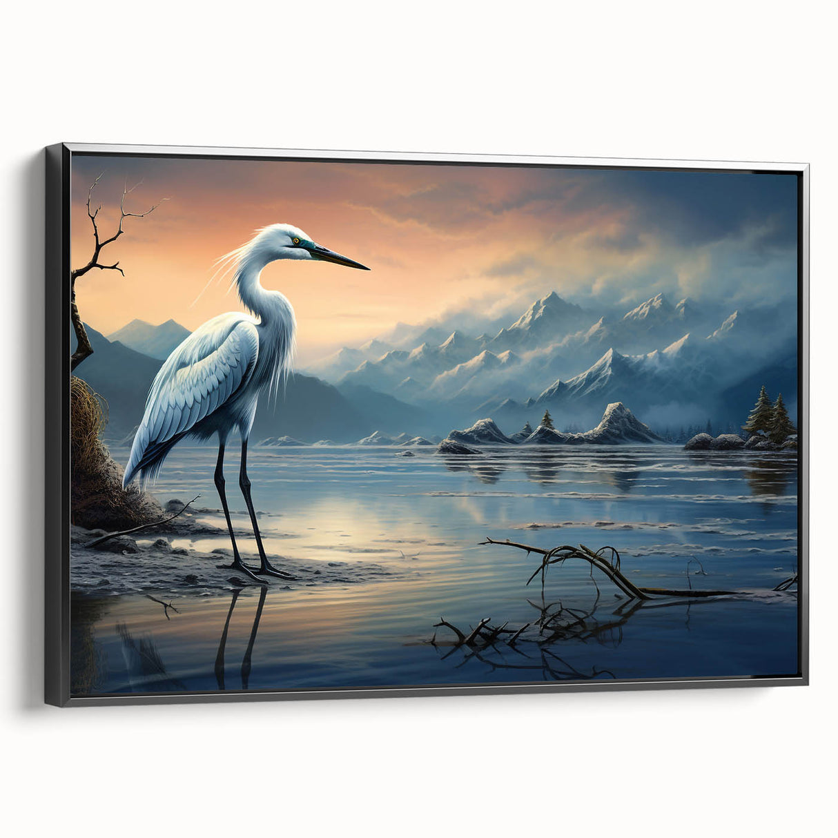 Framed wall art featuring a serene heron and egret design in soft pastel colors, set in a sleek black frame, ideal for enhancing modern decor.